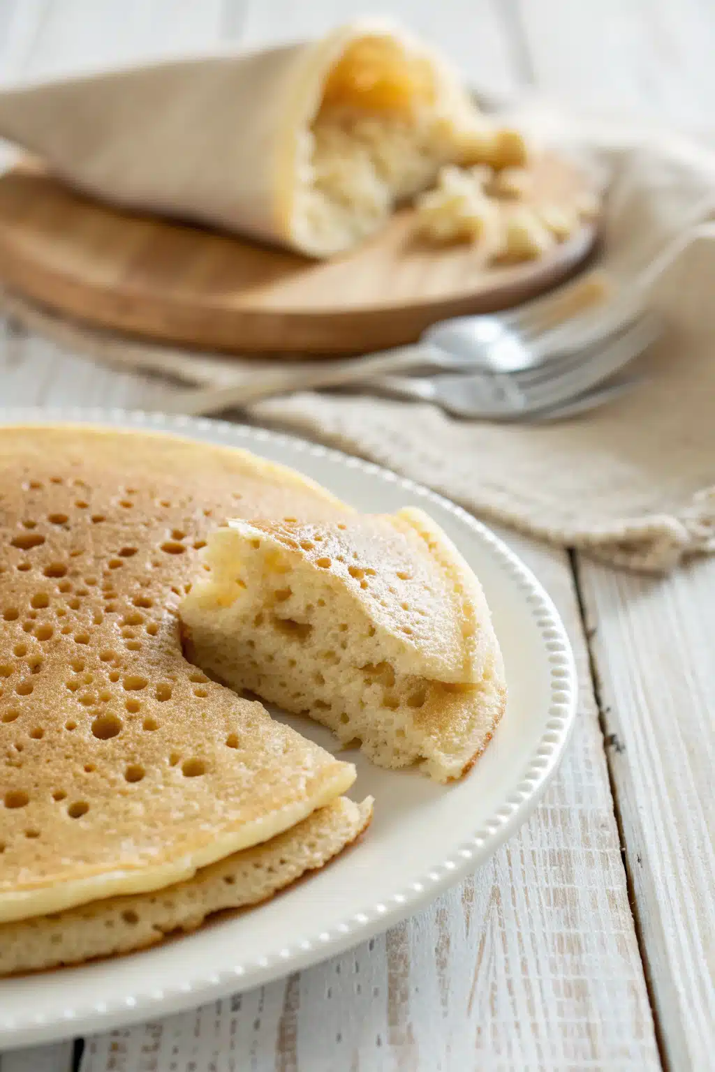 dairy free pancakes slice on plate showing perfect texture and swirl pattern