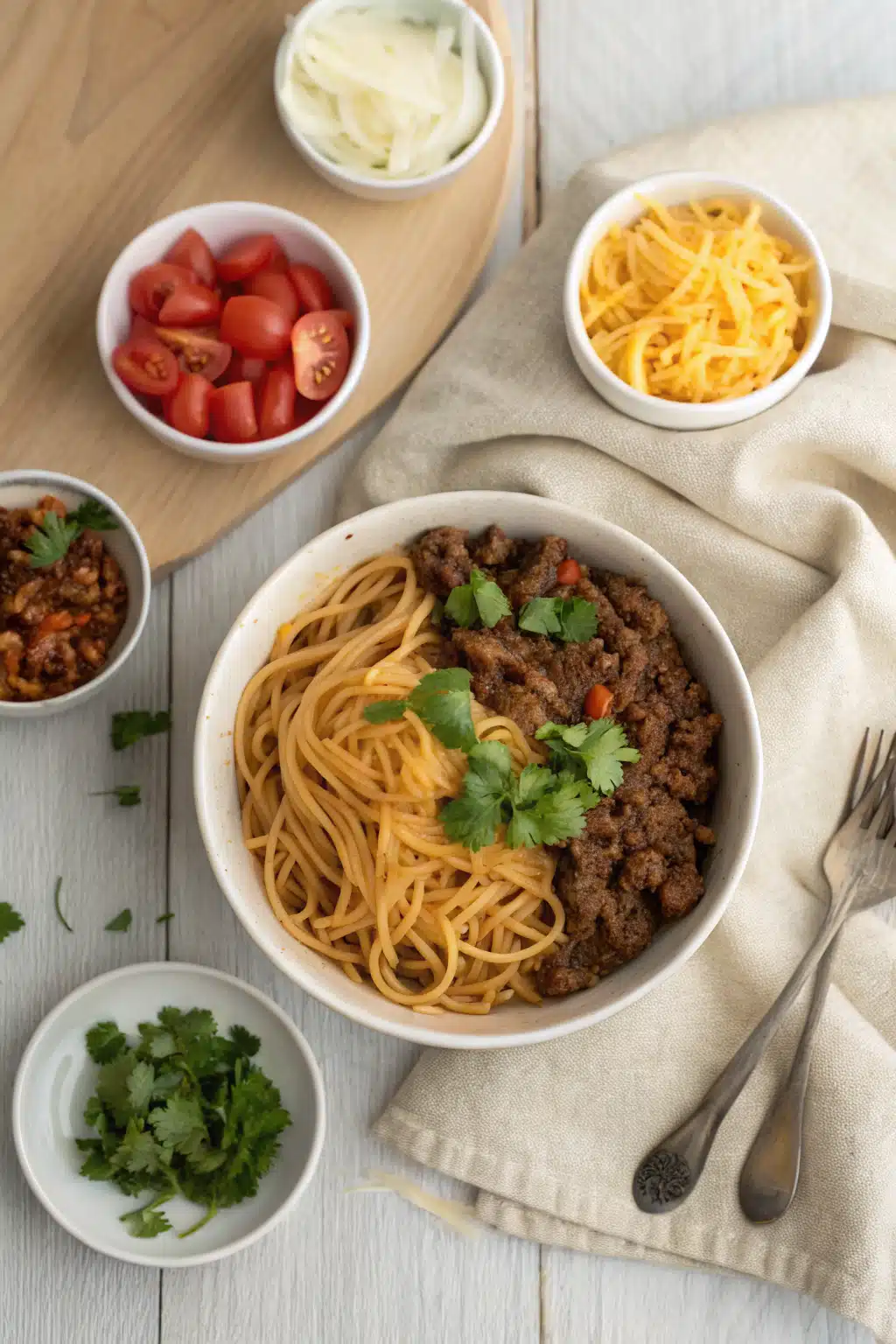Crockpot Taco Spaghetti beautifully presented from an overhead angle