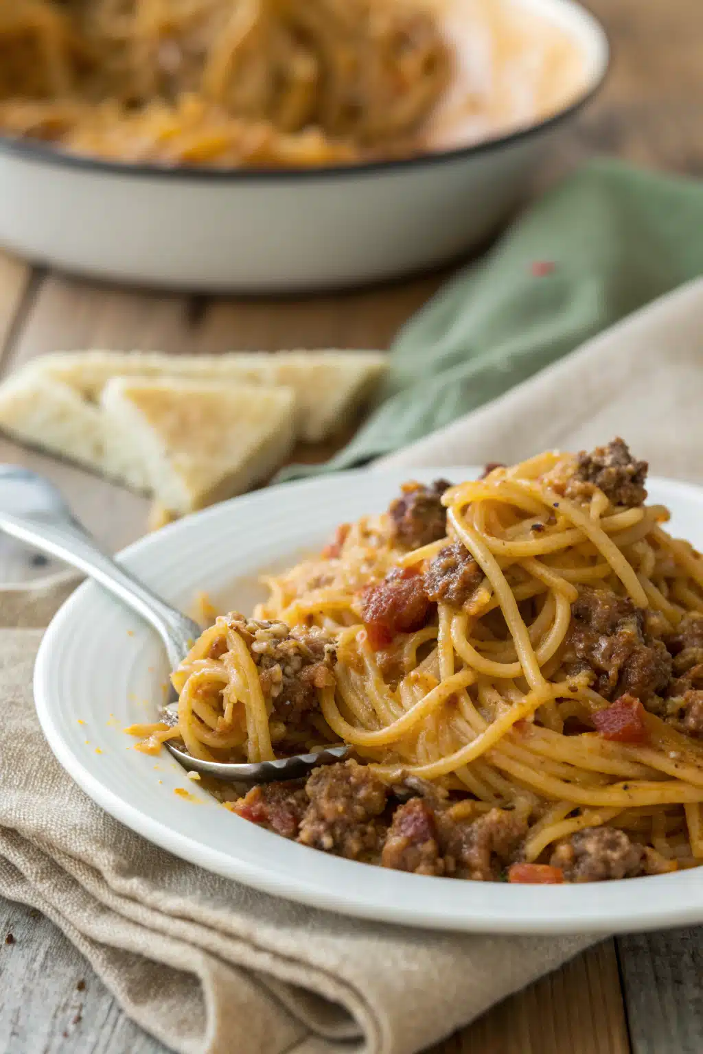 Crockpot Taco Spaghetti slice on plate showing perfect texture and swirl pattern