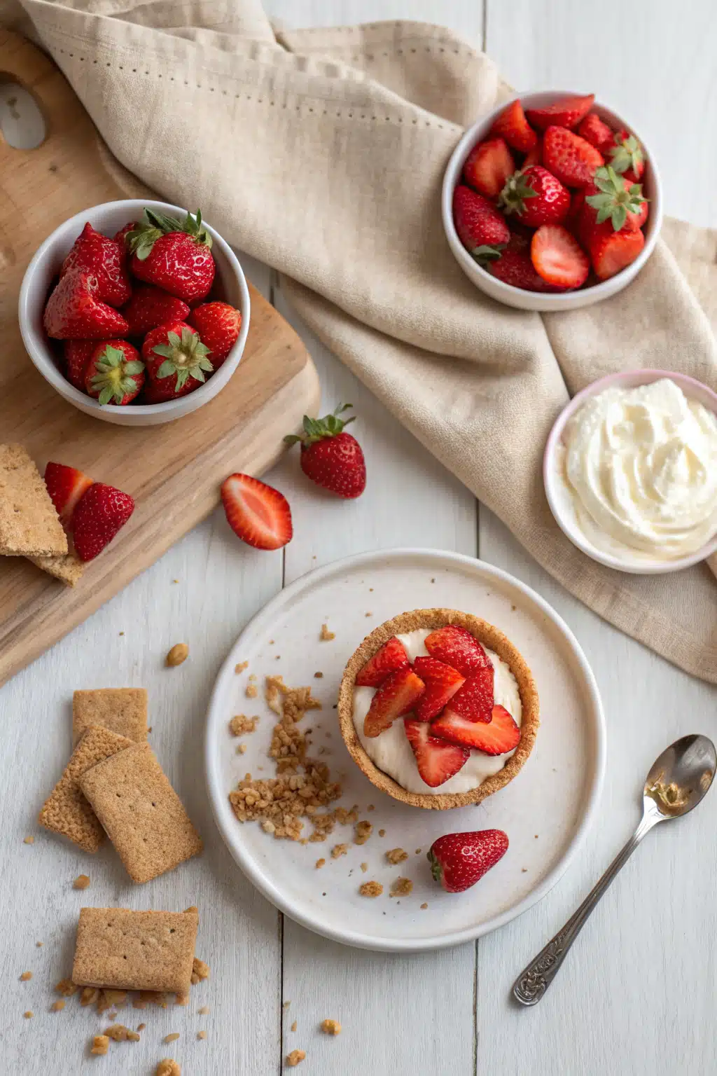 No Bake Strawberry Cheesecake beautifully presented from an overhead angle