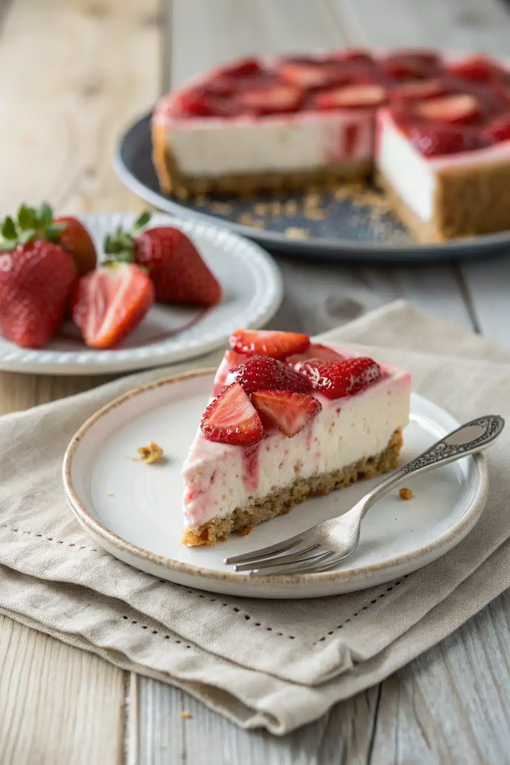 No Bake Strawberry Cheesecake ingredients organized and measured on kitchen counter