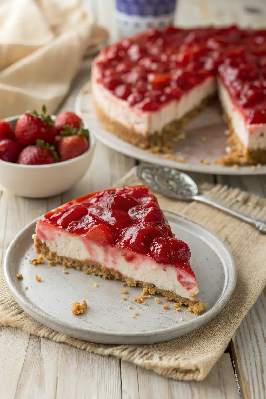 No Bake Strawberry Cheesecake slice on plate showing perfect texture and swirl pattern