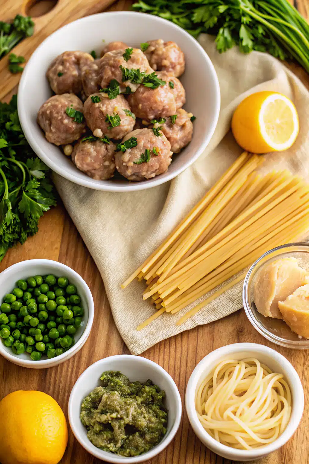 Chicken Piccata Meatballs beautifully presented from an overhead angle