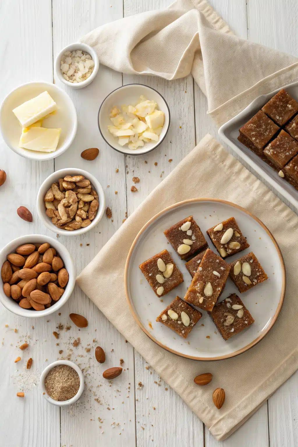 Toffee Almond Treats beautifully presented from an overhead angle