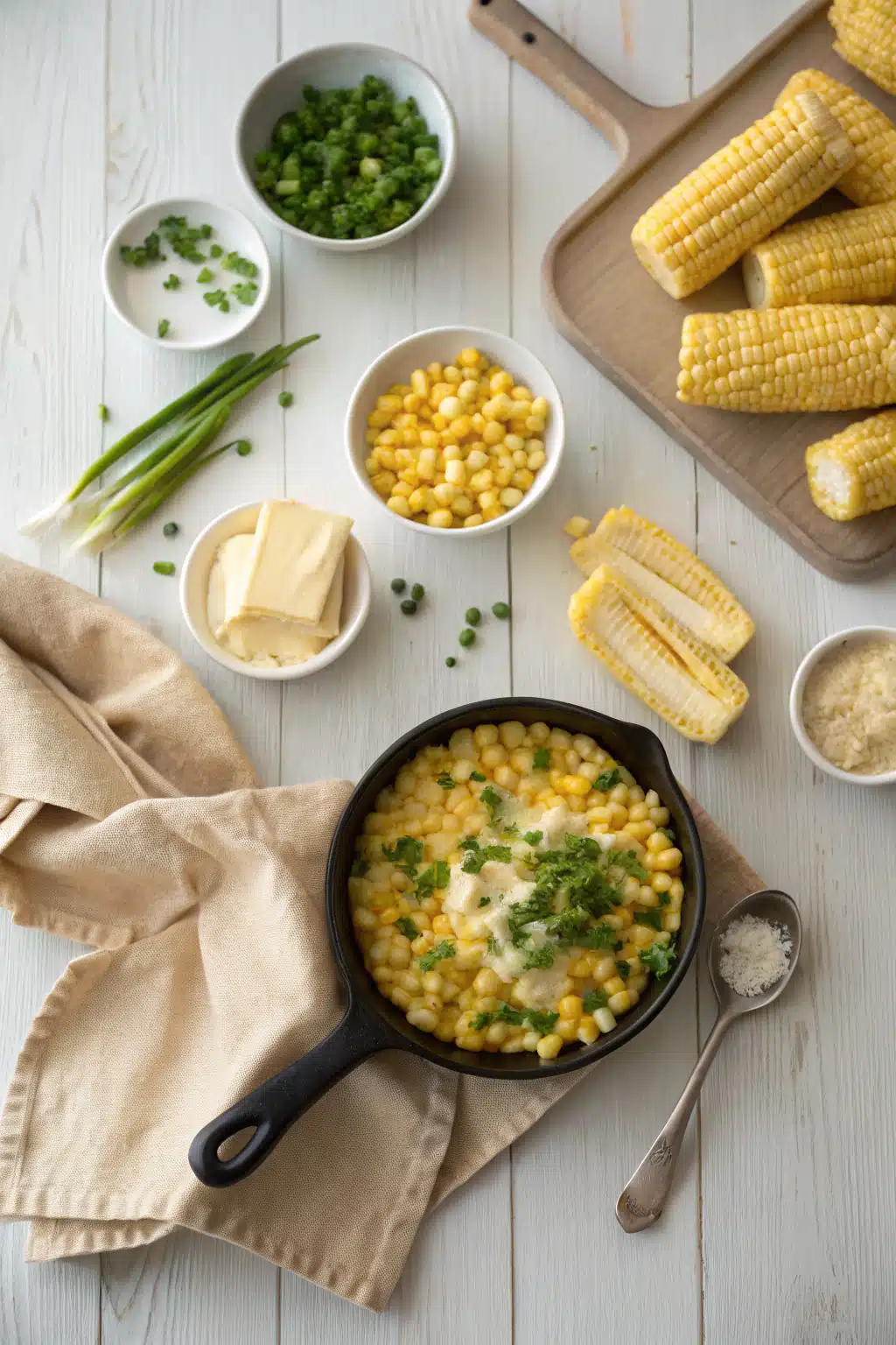 Creamy Skillet Corn beautifully presented from an overhead angle