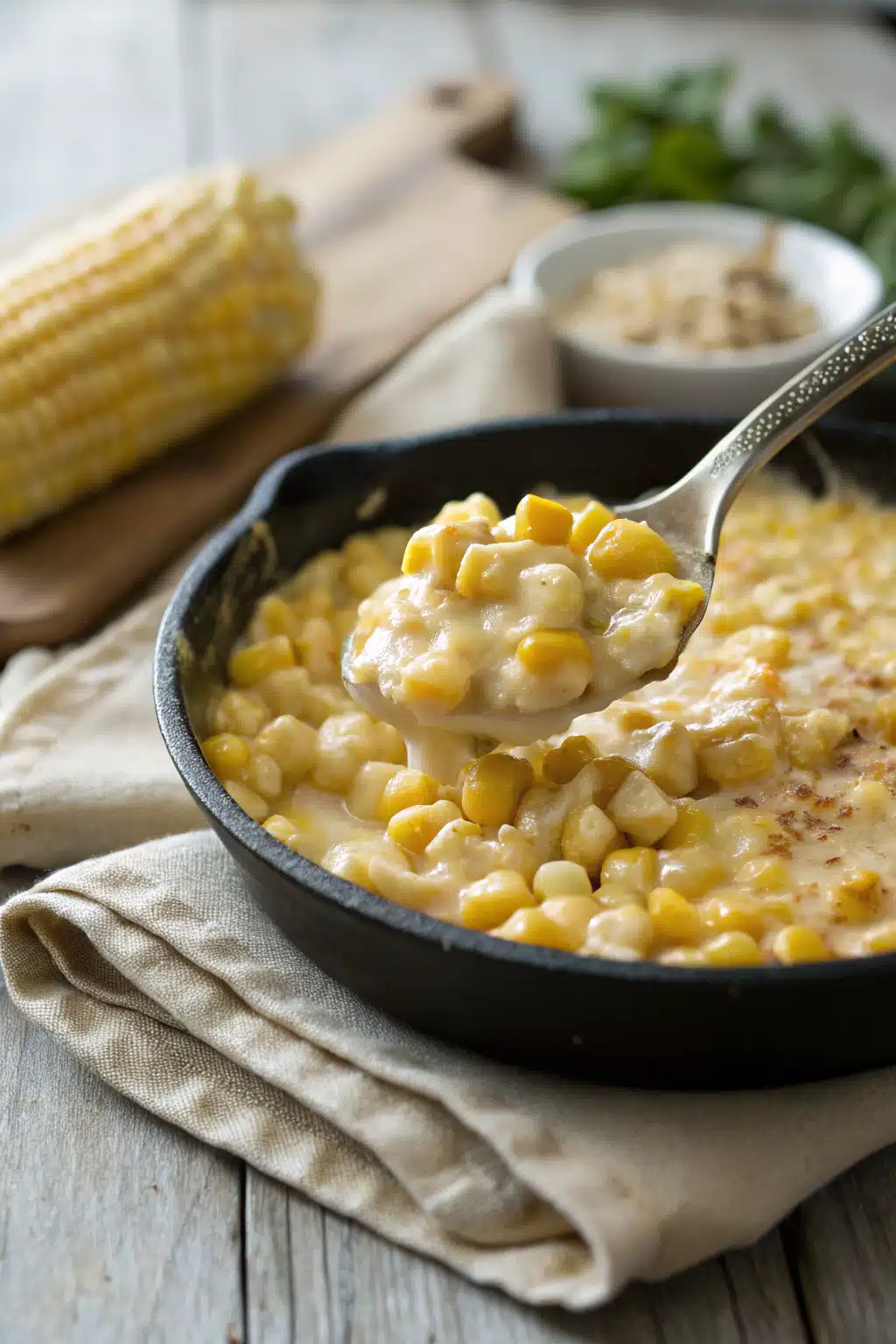 Creamy Skillet Corn slice on plate showing perfect texture and swirl pattern