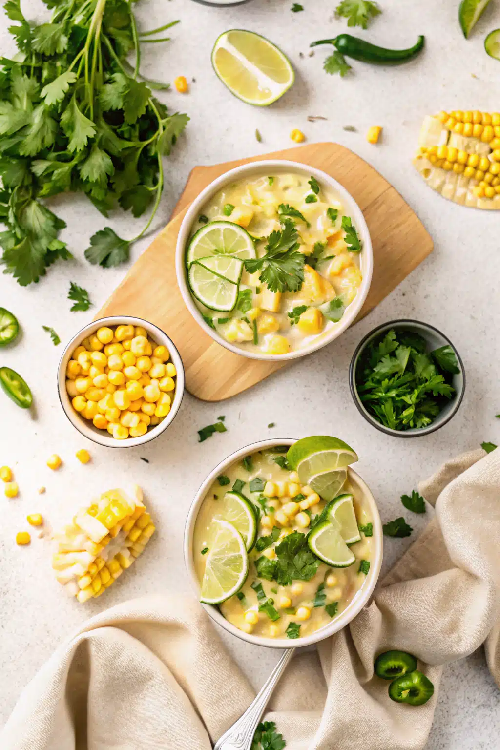 Poblano Corn Soup beautifully presented from an overhead angle