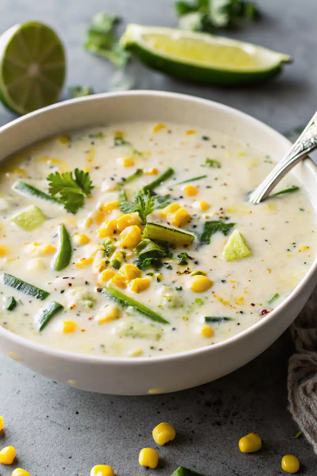 Poblano Corn Soup slice on plate showing perfect texture and swirl pattern