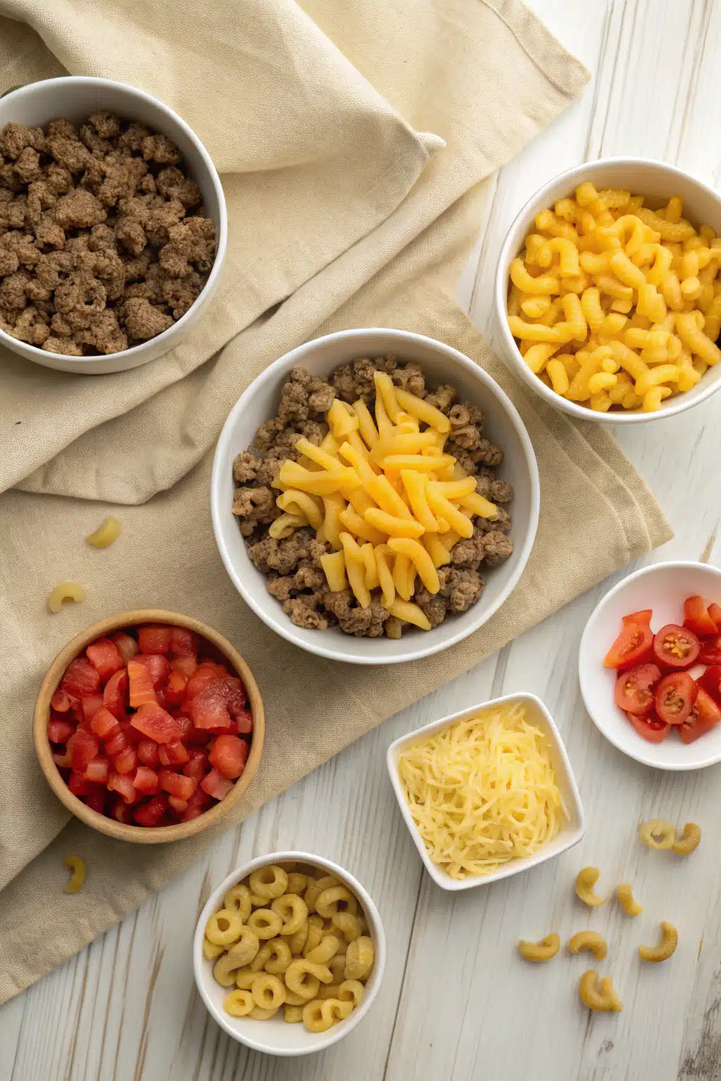 cheeseburger pasta recipe beautifully presented from an overhead angle