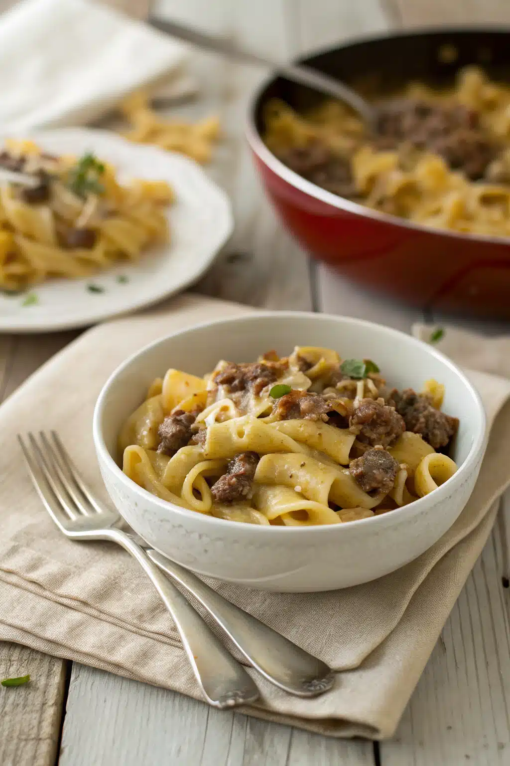 cheeseburger pasta recipe ingredients organized and measured on kitchen counter
