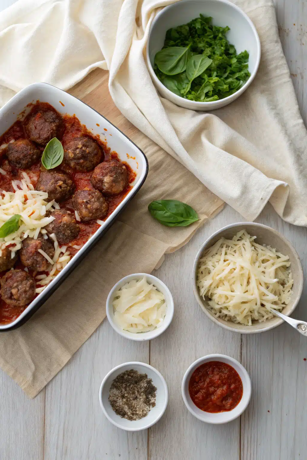 7 Layer Meatball Casserole beautifully presented from an overhead angle