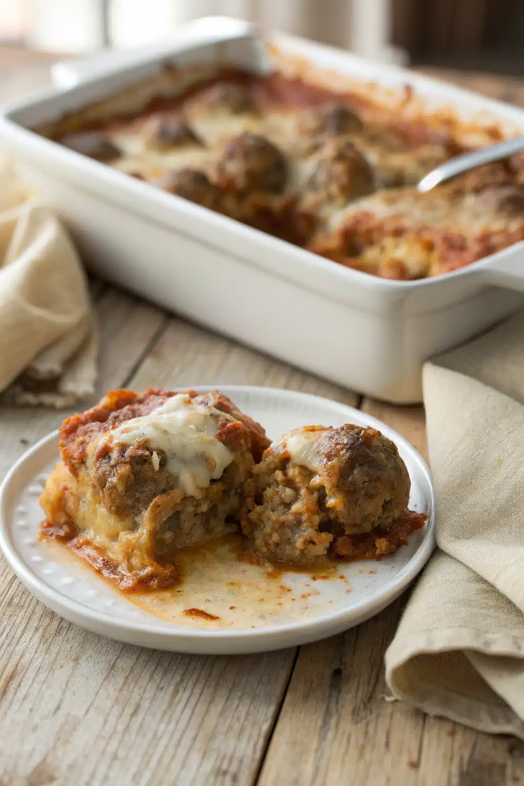 7 Layer Meatball Casserole slice on plate showing perfect texture and swirl pattern