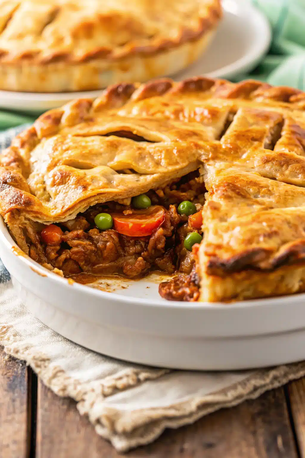 Beef Pot Pie Recipe slice on plate showing perfect texture and swirl pattern