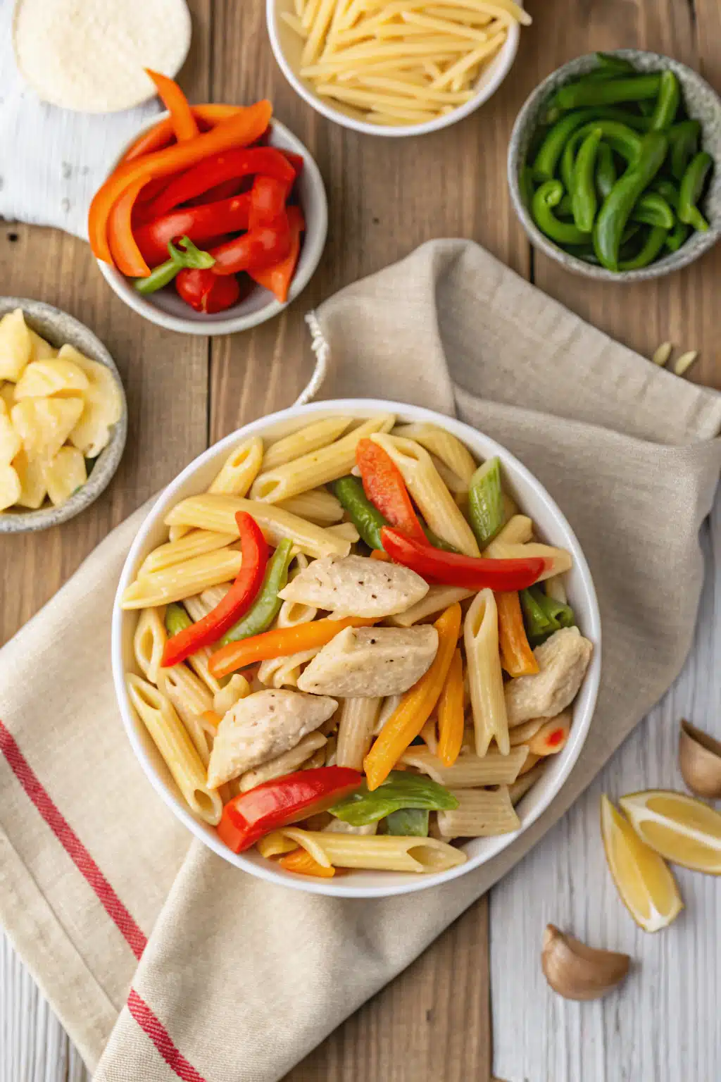 Crockpot Chicken Fajita Pasta beautifully presented from an overhead angle