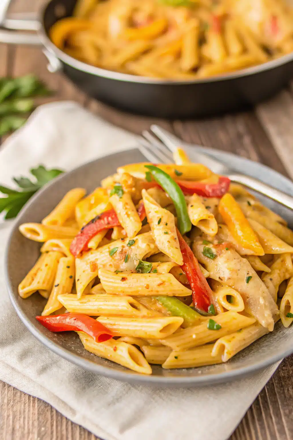 Crockpot Chicken Fajita Pasta ingredients organized and measured on kitchen counter