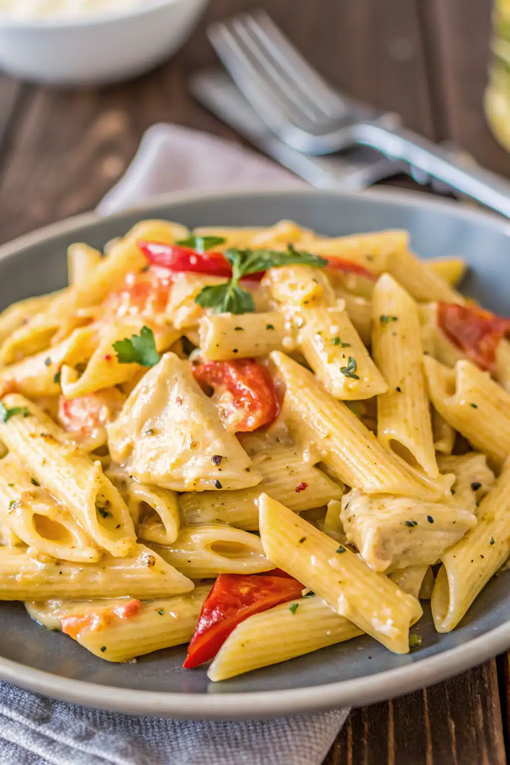 Crockpot Chicken Fajita Pasta slice on plate showing perfect texture and swirl pattern