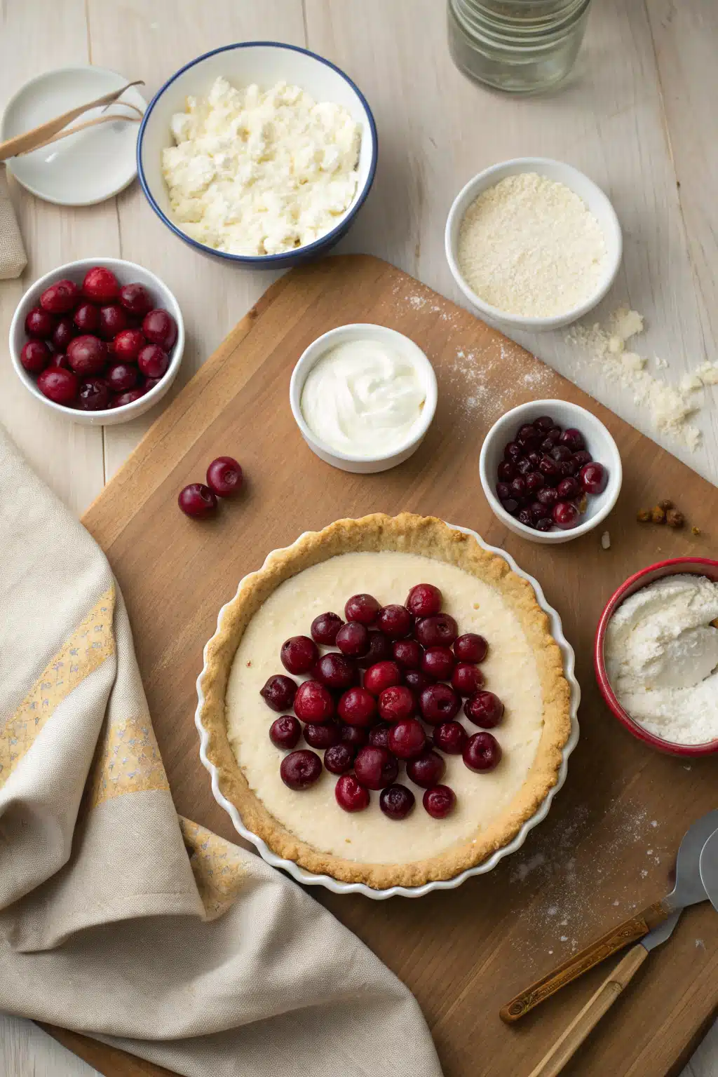 Cream Cheese Cherry Pie beautifully presented from an overhead angle