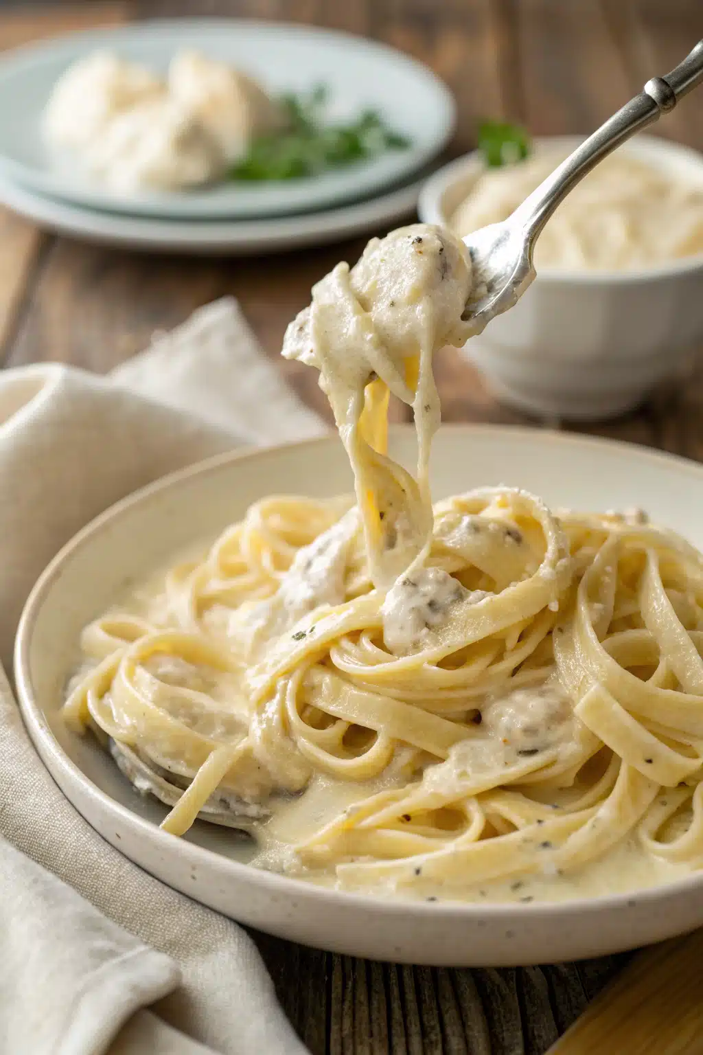 Cream Cheese Alfredo Sauce slice on plate showing perfect texture and swirl pattern