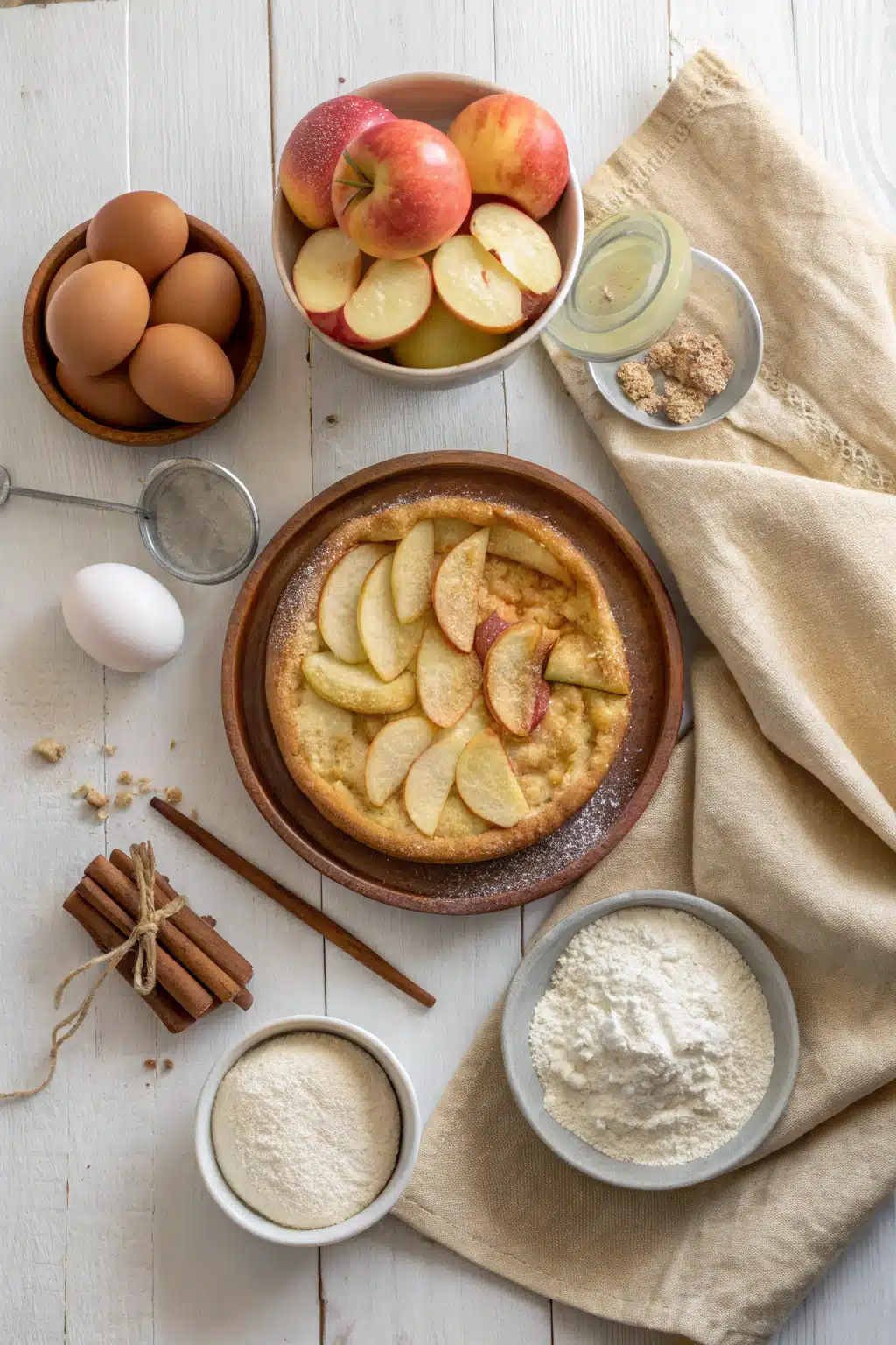 German Apple Pancake beautifully presented from an overhead angle