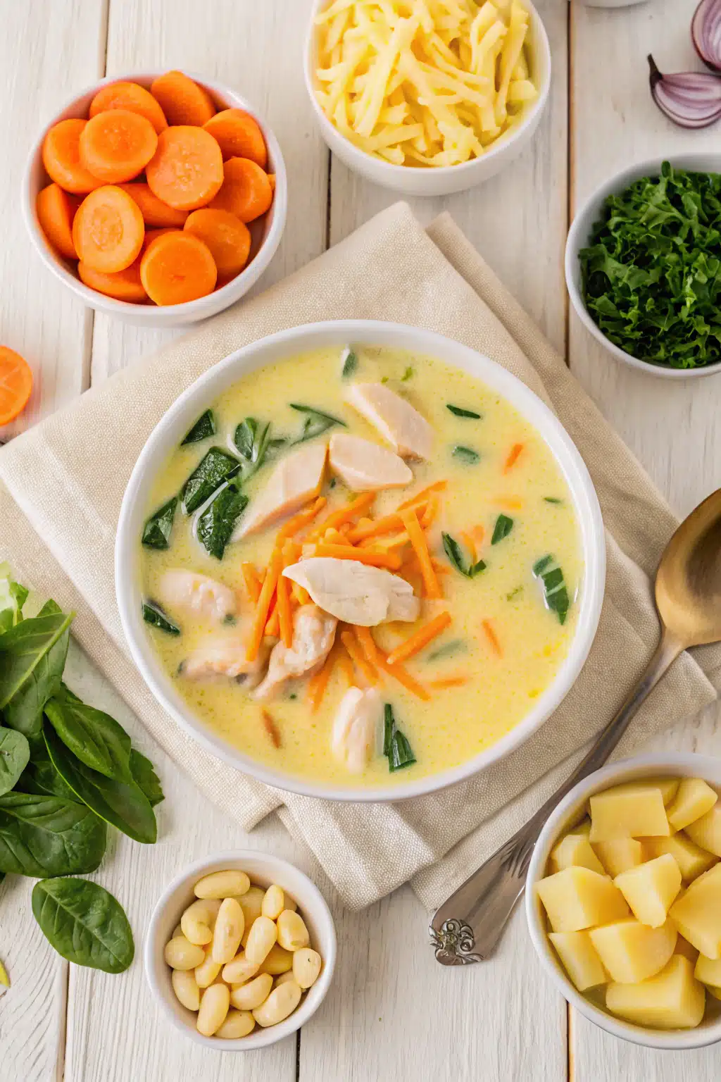 Chicken Gnocchi Soup beautifully presented from an overhead angle