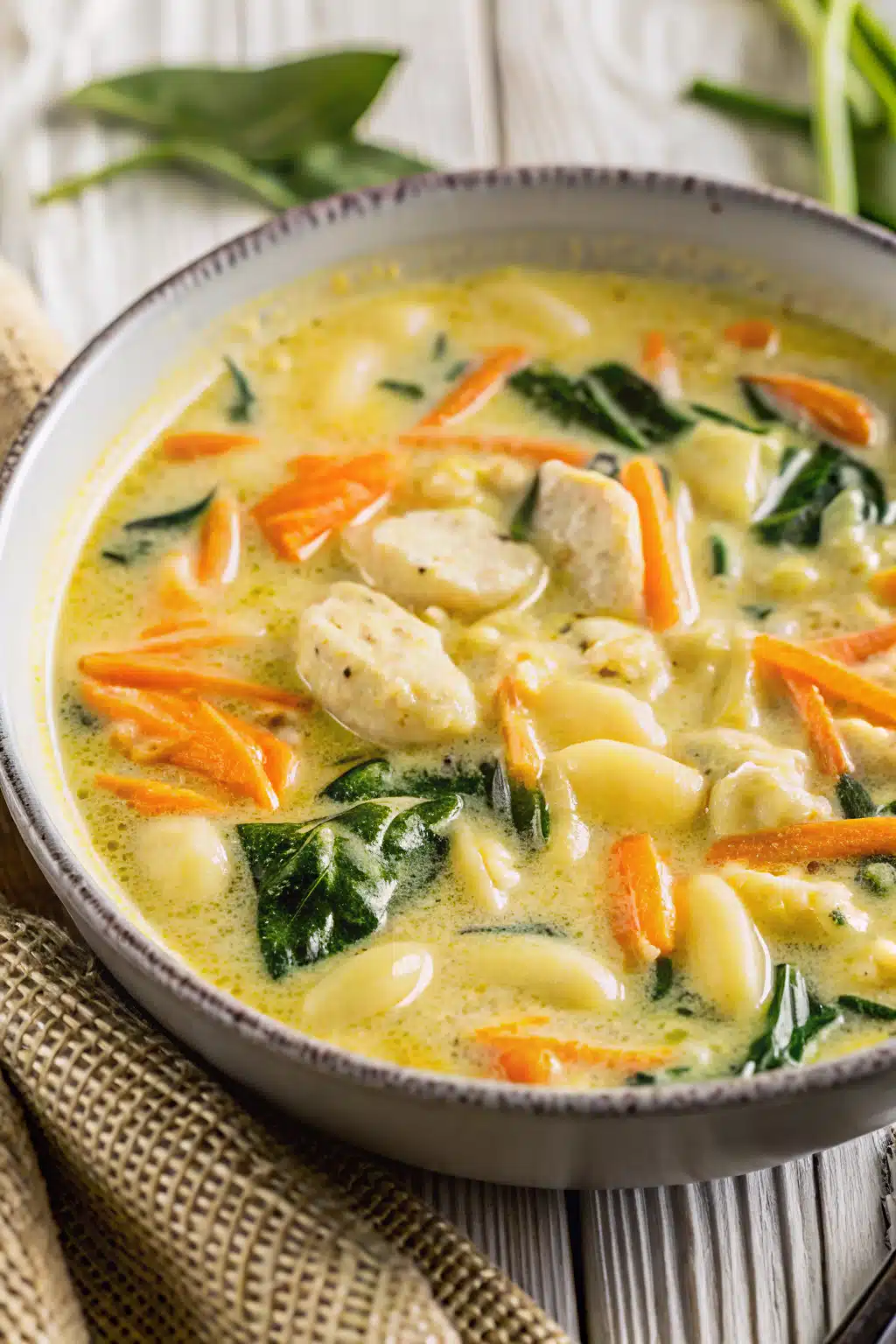 Chicken Gnocchi Soup slice on plate showing perfect texture and swirl pattern