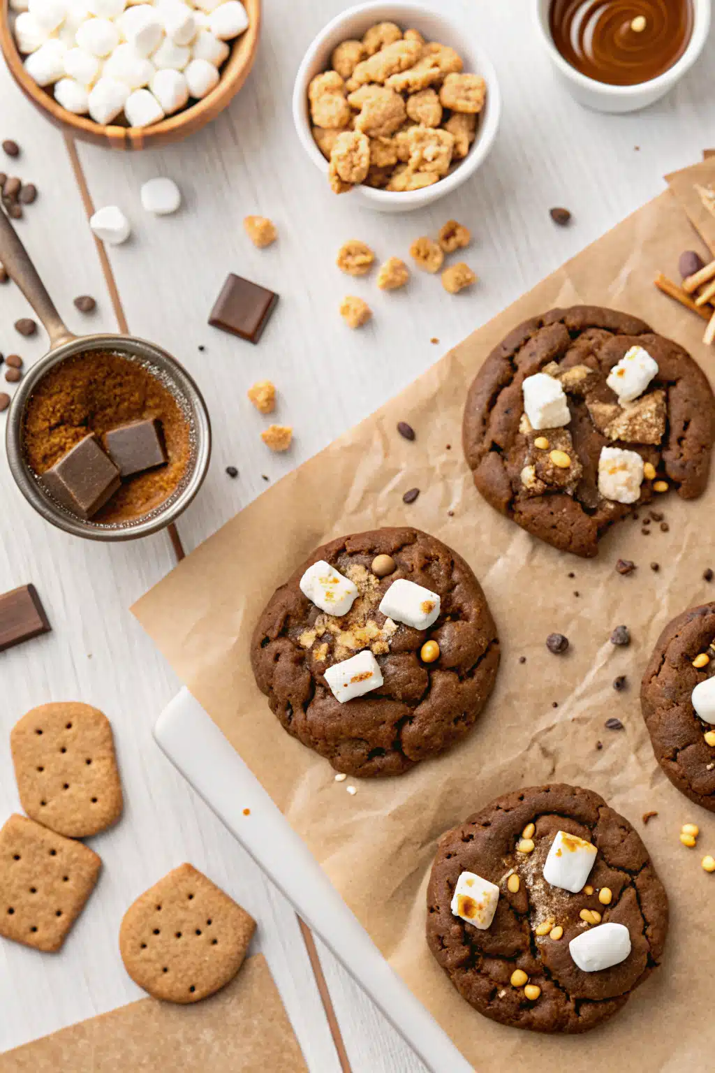 Chocolate Smores Cookies beautifully presented from an overhead angle