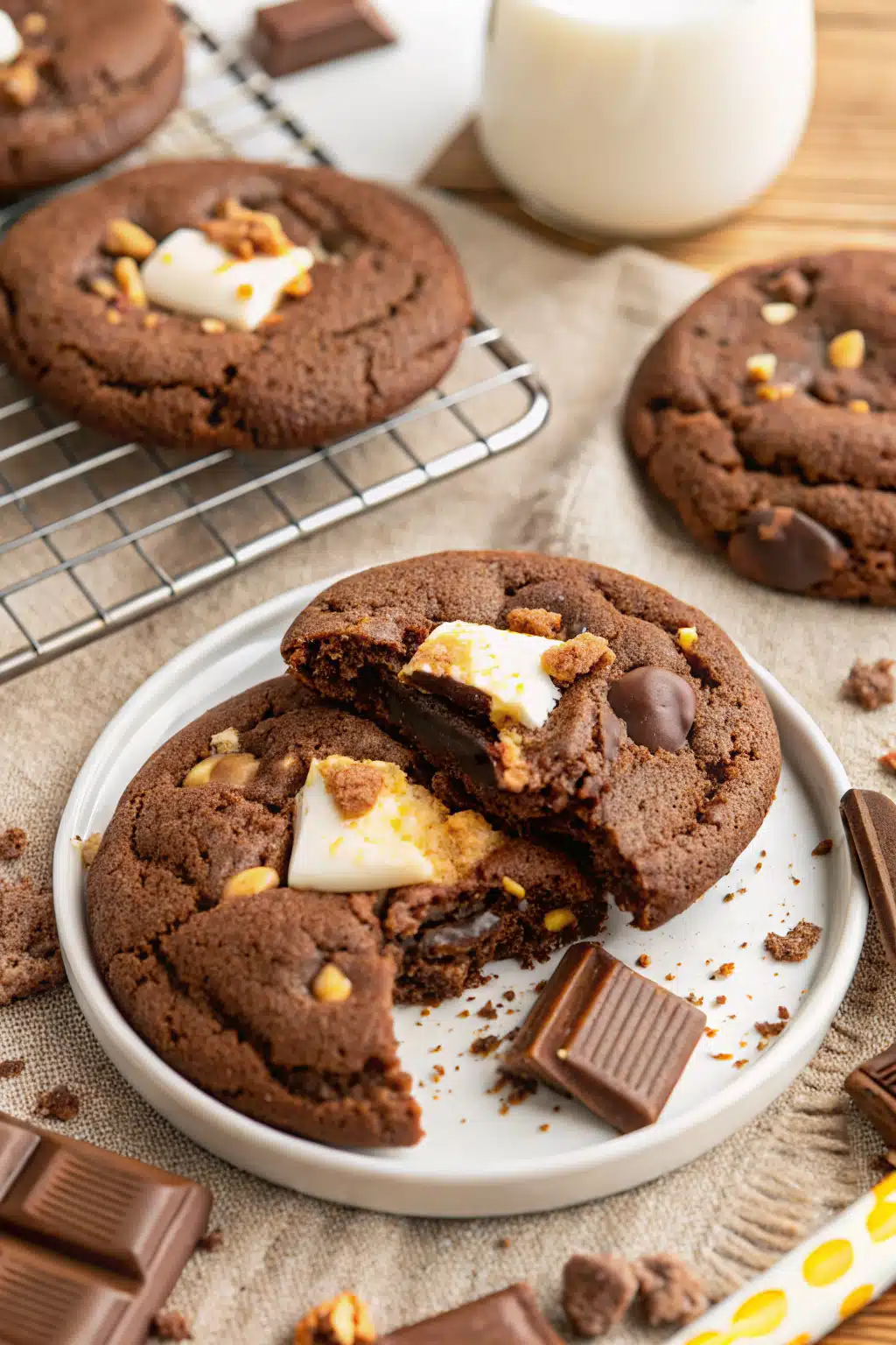 Chocolate Smores Cookies slice on plate showing perfect texture and swirl pattern