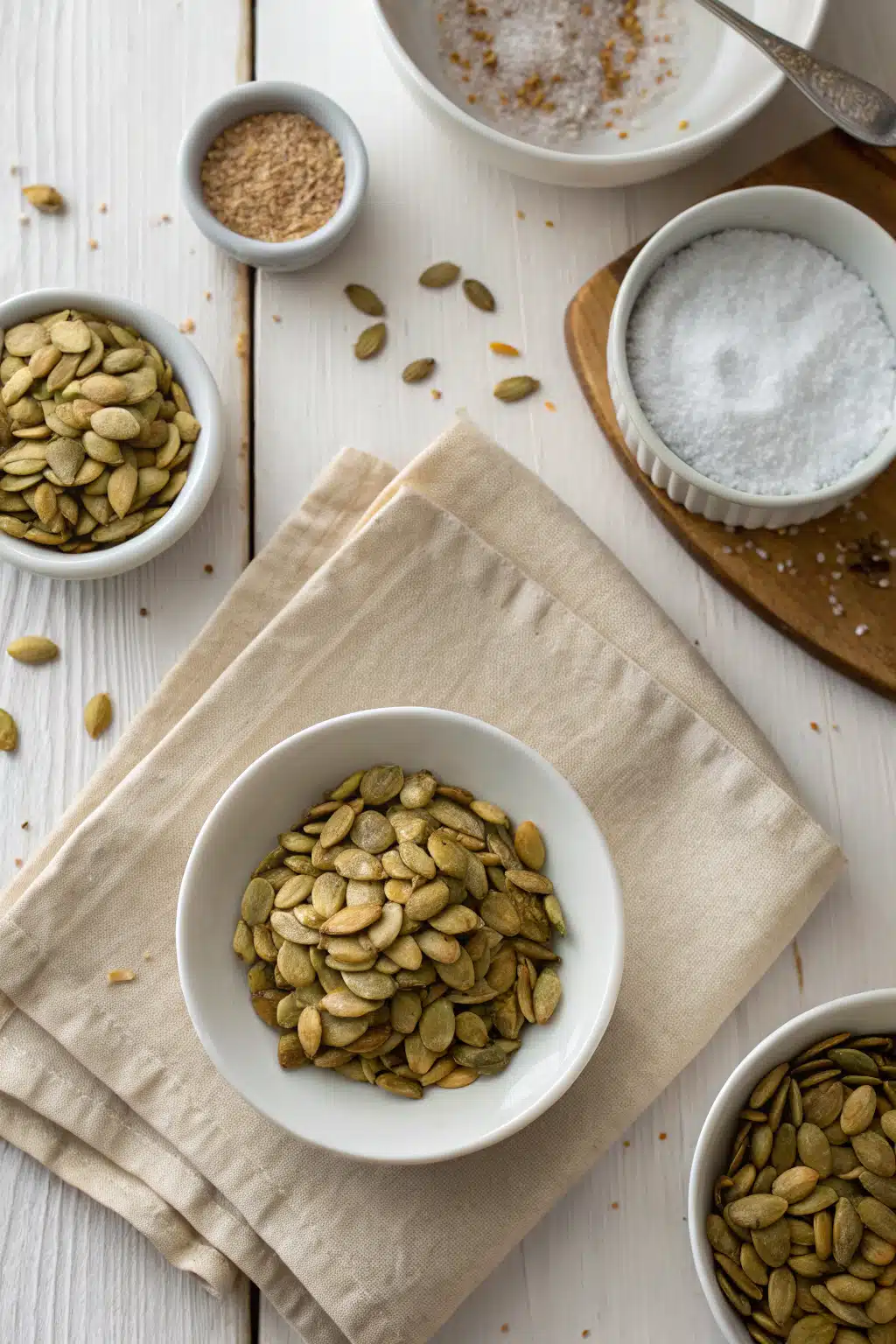 Roasted Pumpkin Seeds beautifully presented from an overhead angle