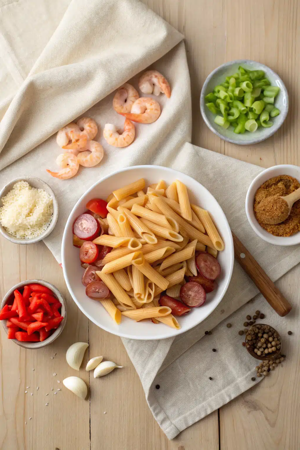 Cajun Pasta Recipe beautifully presented from an overhead angle