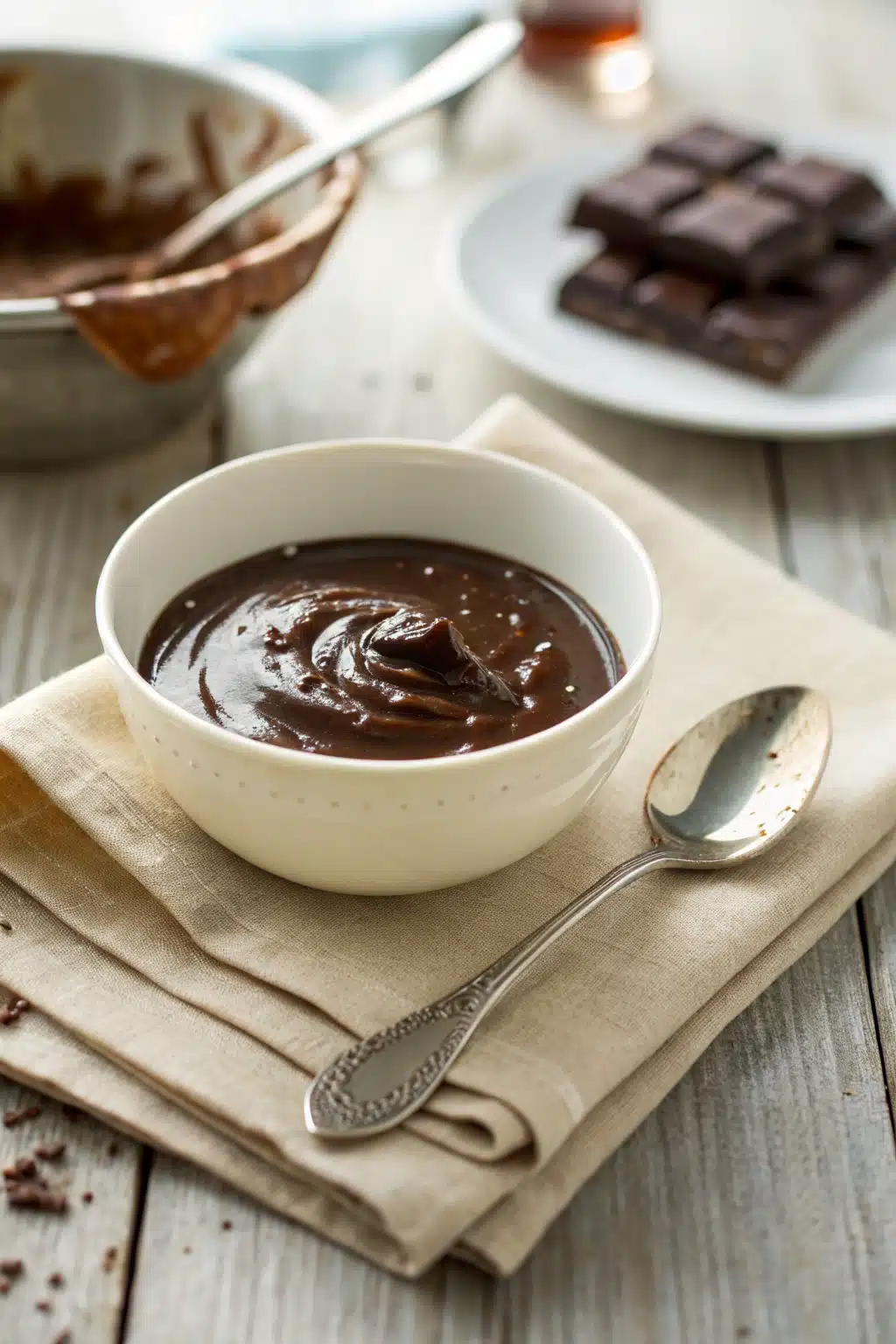 Homemade chocolate sauce ingredients organized and measured on kitchen counter