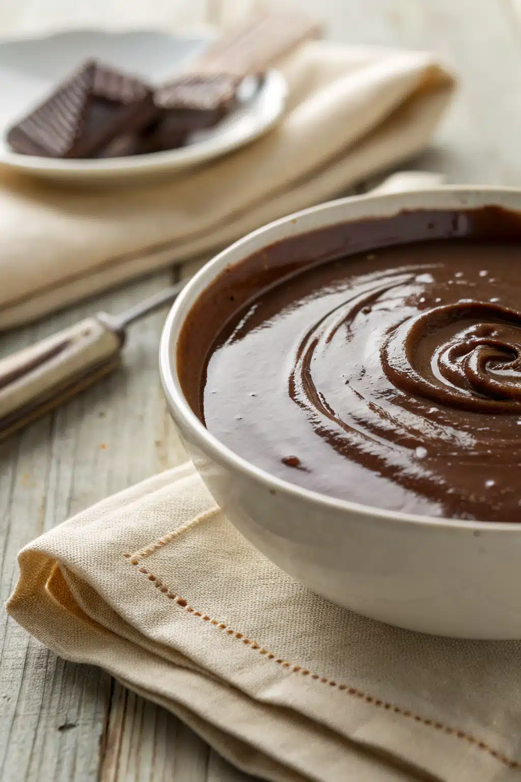 Homemade chocolate sauce slice on plate showing perfect texture and swirl pattern
