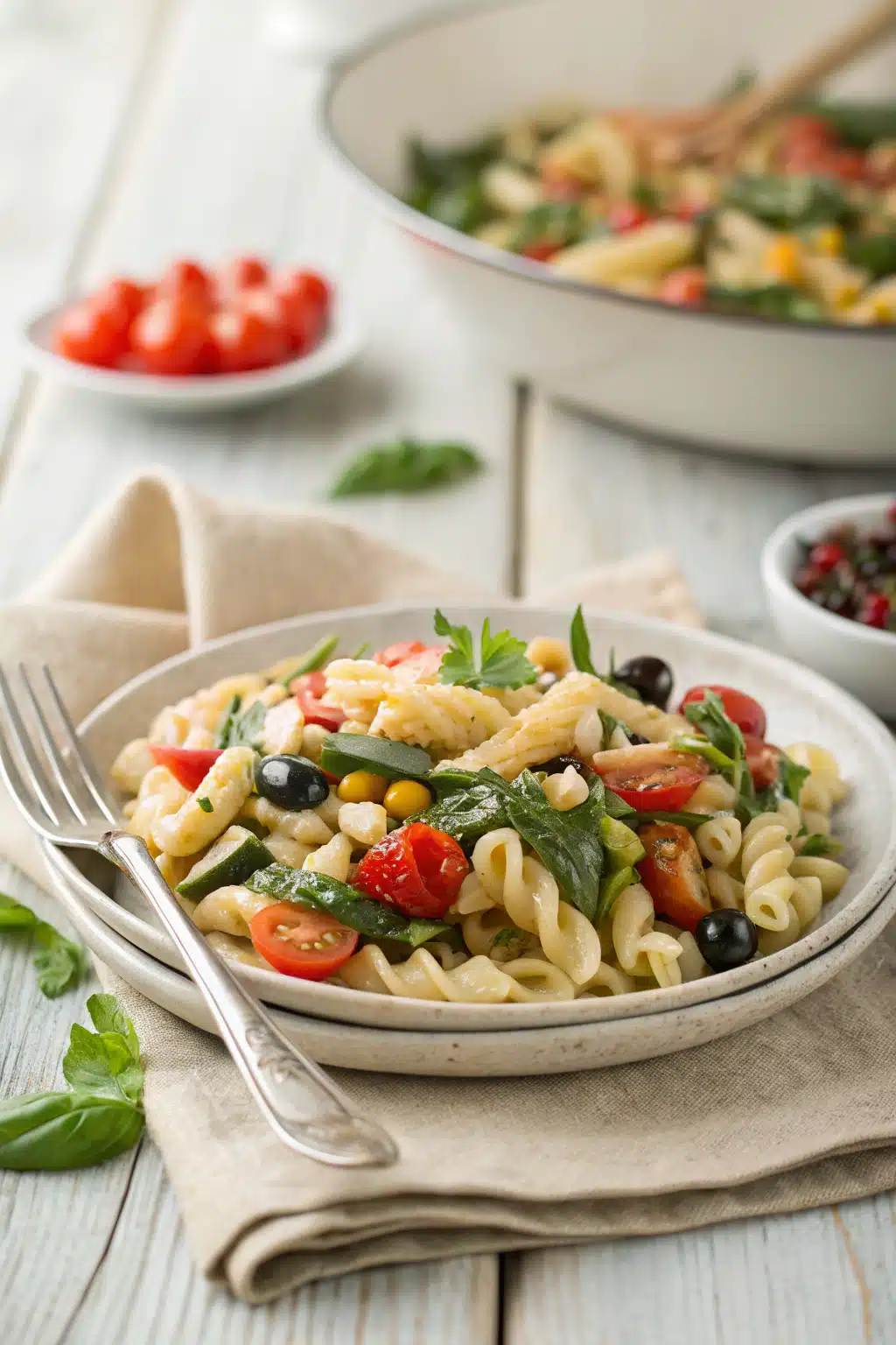 Italian Pasta Salad ingredients organized and measured on kitchen counter