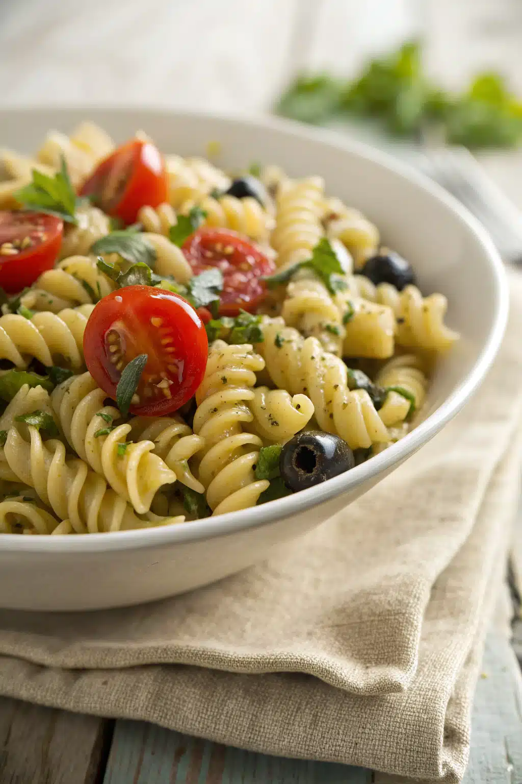 Italian Pasta Salad slice on plate showing perfect texture and swirl pattern