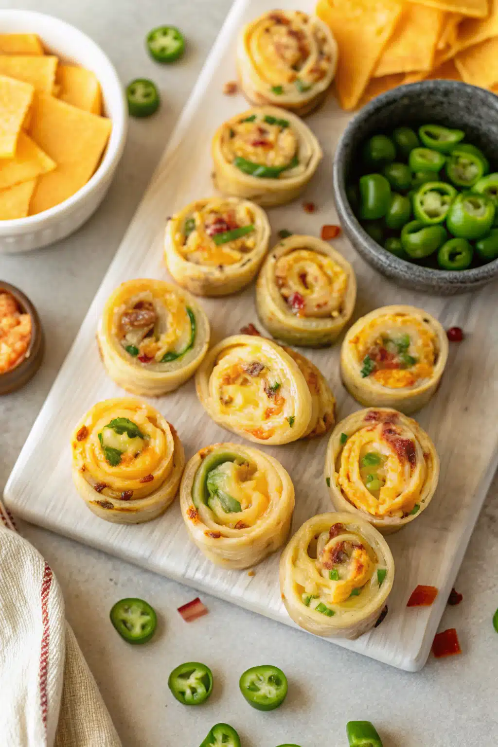 Jalapeno Popper Pinwheels beautifully presented from an overhead angle