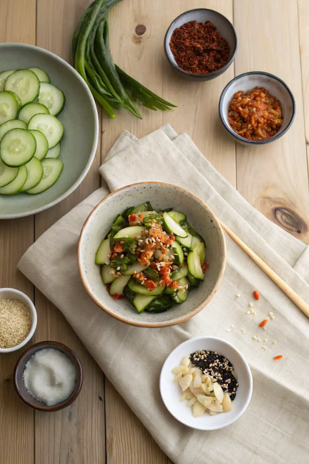 Oi Muchim beautifully presented from an overhead angle