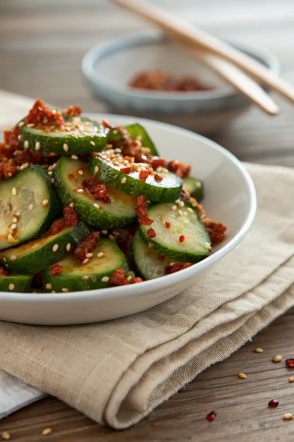 Oi Muchim slice on plate showing perfect texture and swirl pattern