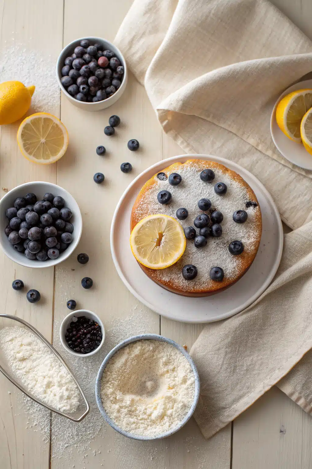 Lemon Blueberry Cake beautifully presented from an overhead angle