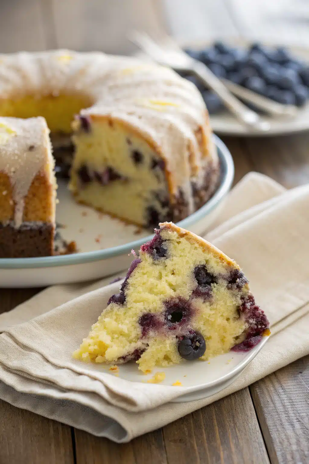 Lemon Blueberry Cake slice on plate showing perfect texture and swirl pattern