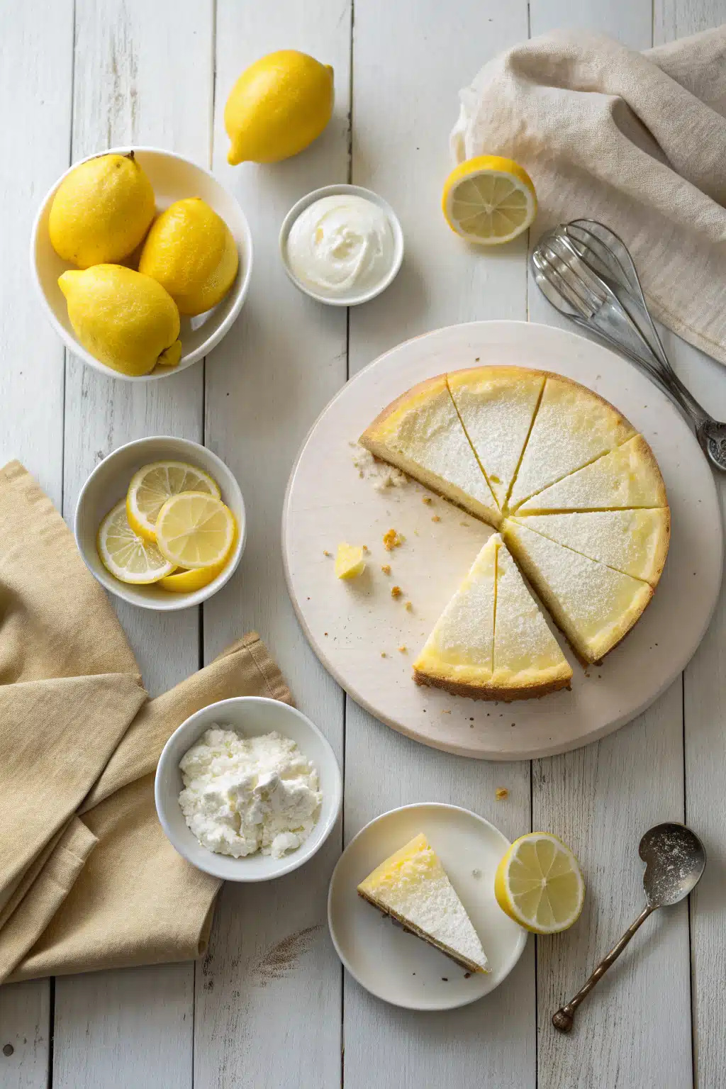 Lemon Cream Cheese Cake beautifully presented from an overhead angle