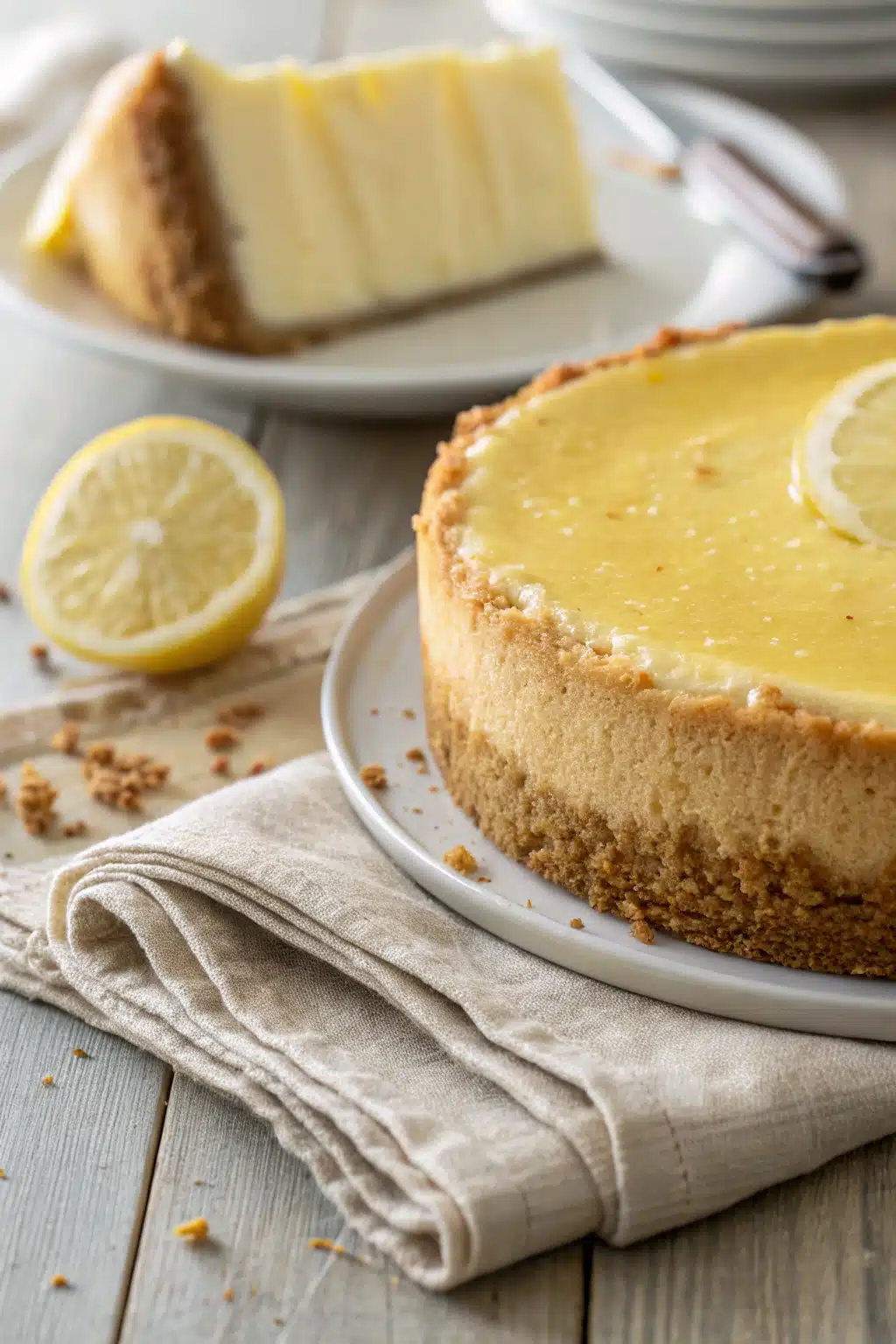 Lemon Cream Cheese Cake slice on plate showing perfect texture and swirl pattern