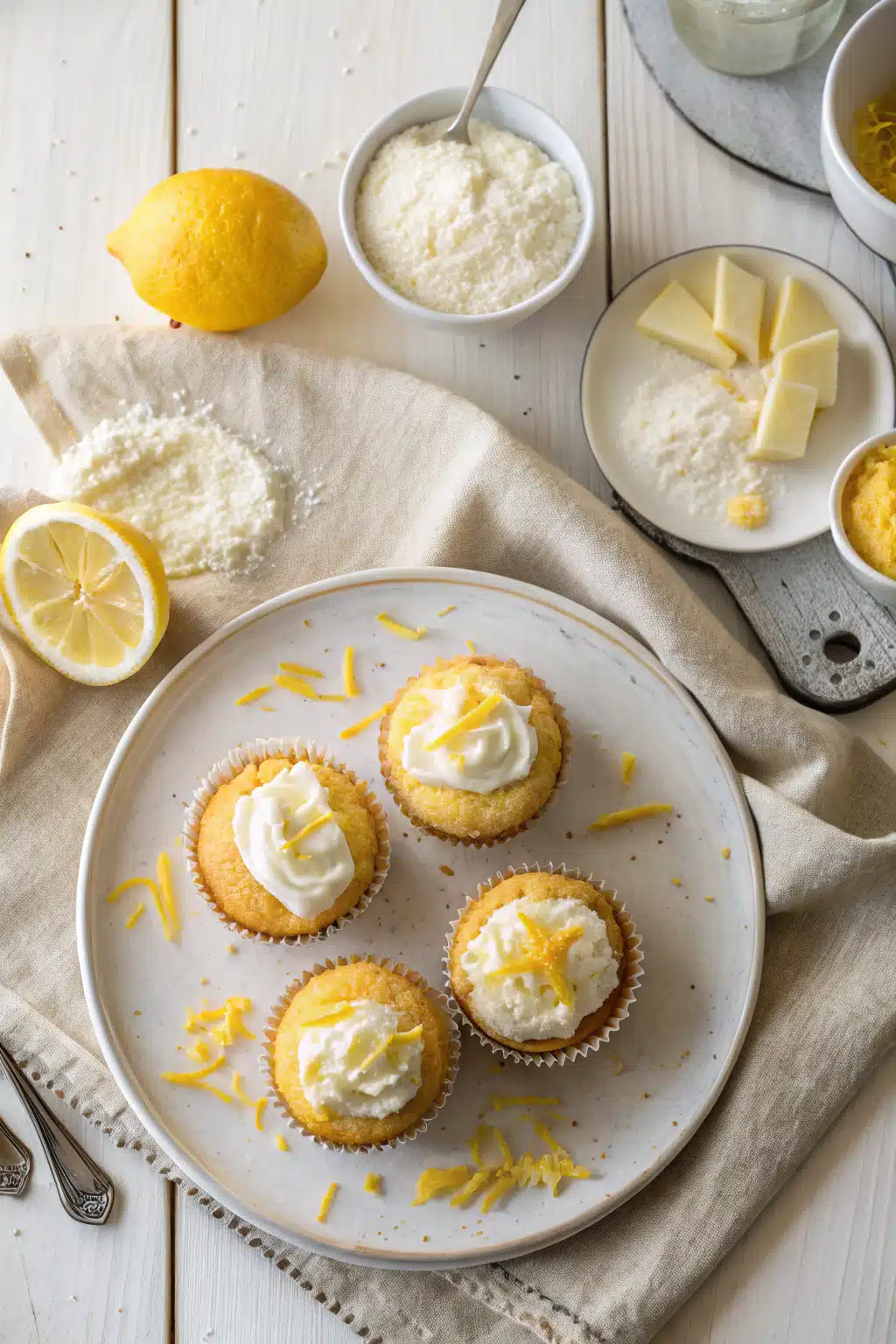 Lemon Cream Cheese Muffins beautifully presented from an overhead angle