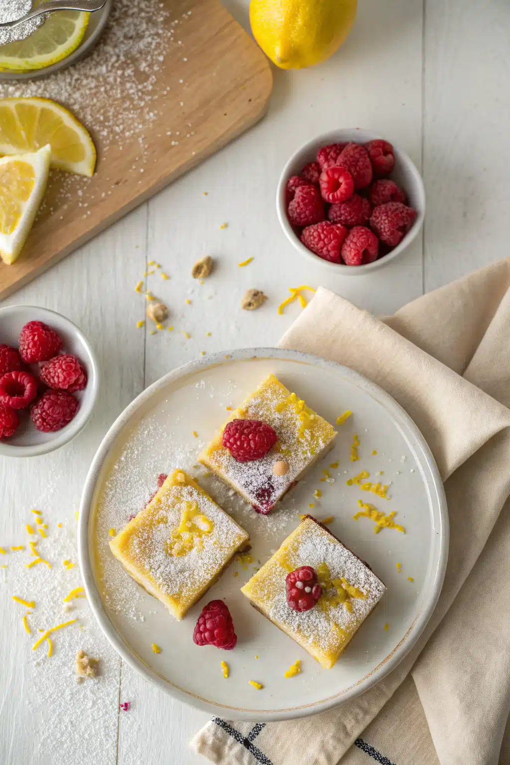 Lemon Raspberry Bars beautifully presented from an overhead angle