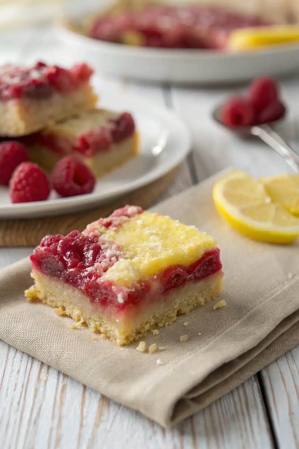Lemon Raspberry Bars slice on plate showing perfect texture and swirl pattern