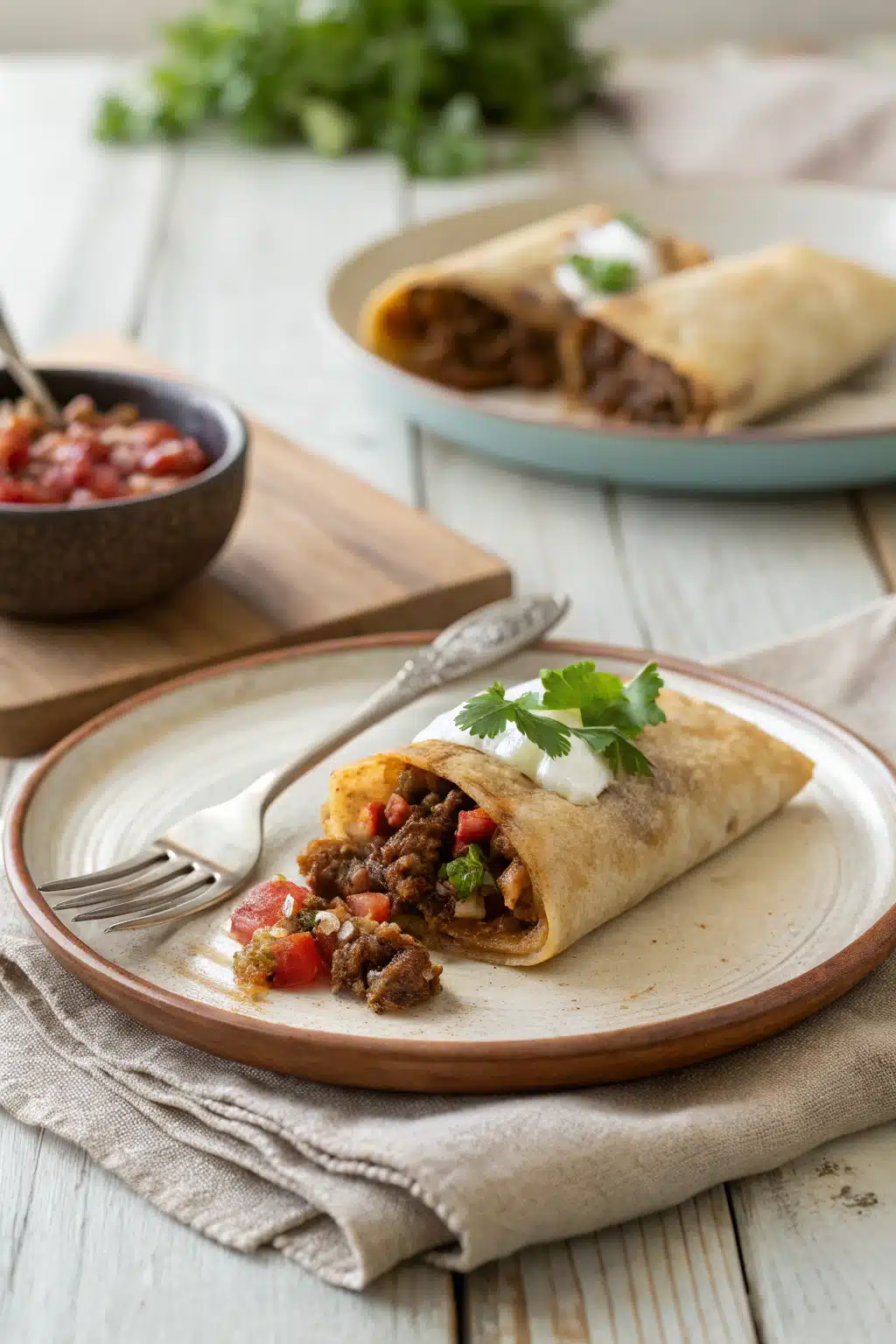 Homemade Beef Chimichangas ingredients organized and measured on kitchen counter