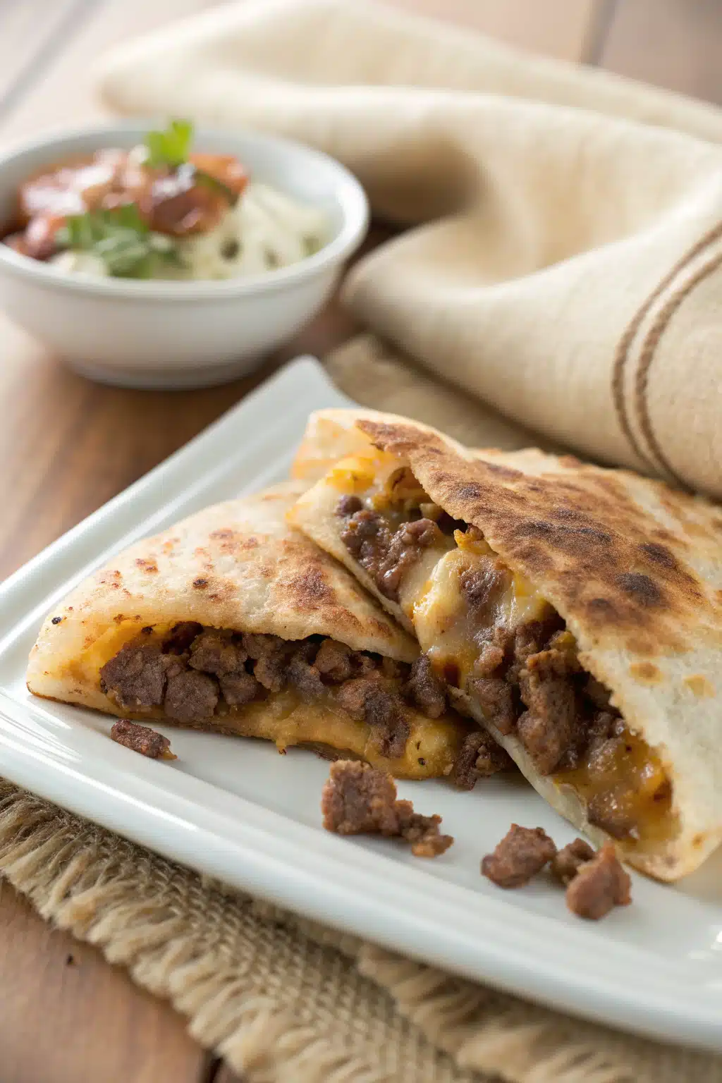 Homemade Beef Chimichangas slice on plate showing perfect texture and swirl pattern