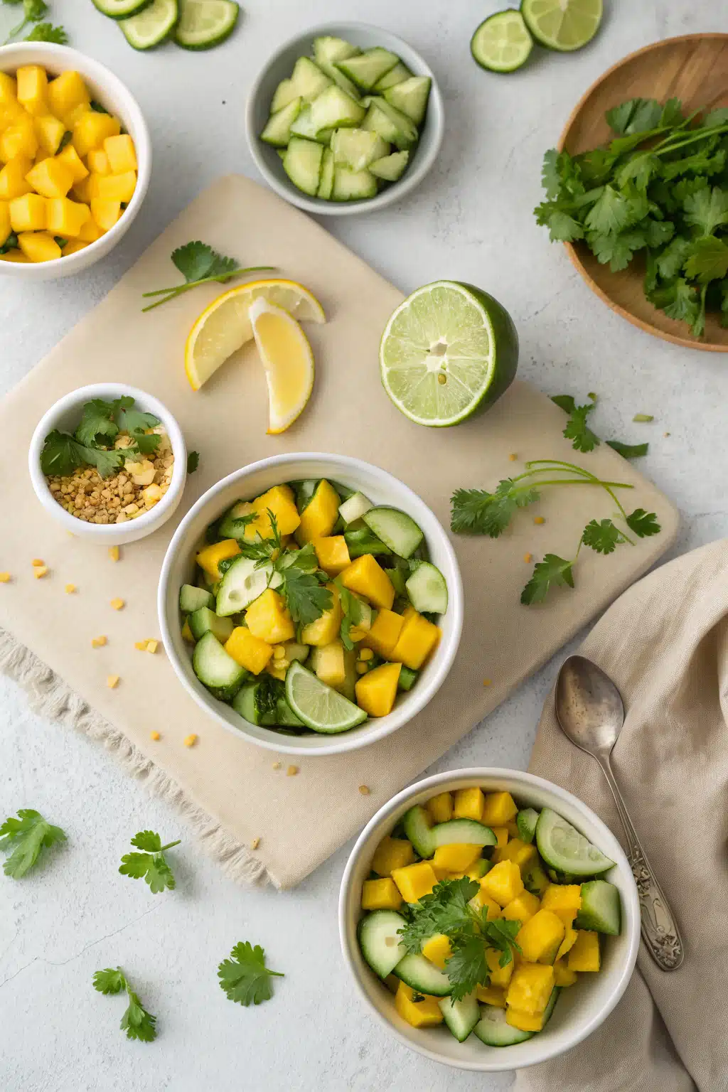 Mango Cucumber Salad beautifully presented from an overhead angle