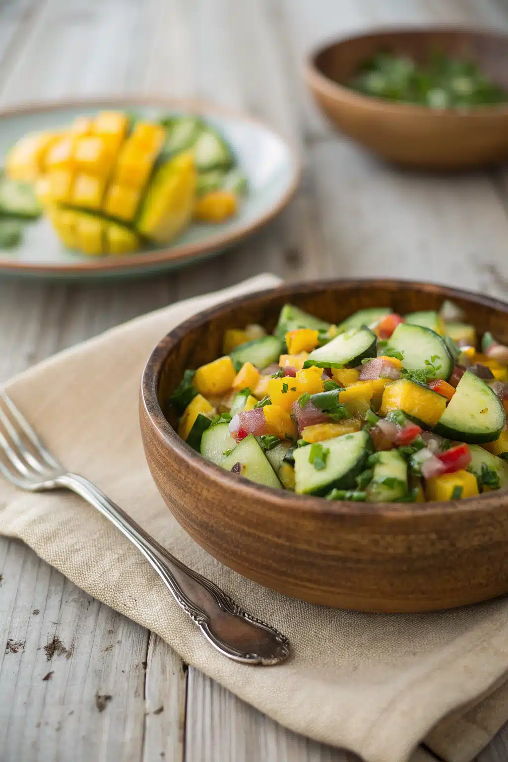 Mango Cucumber Salad ingredients organized and measured on kitchen counter