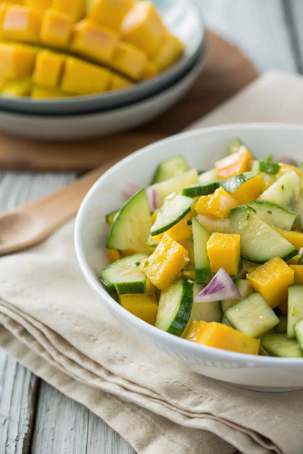 Mango Cucumber Salad slice on plate showing perfect texture and swirl pattern