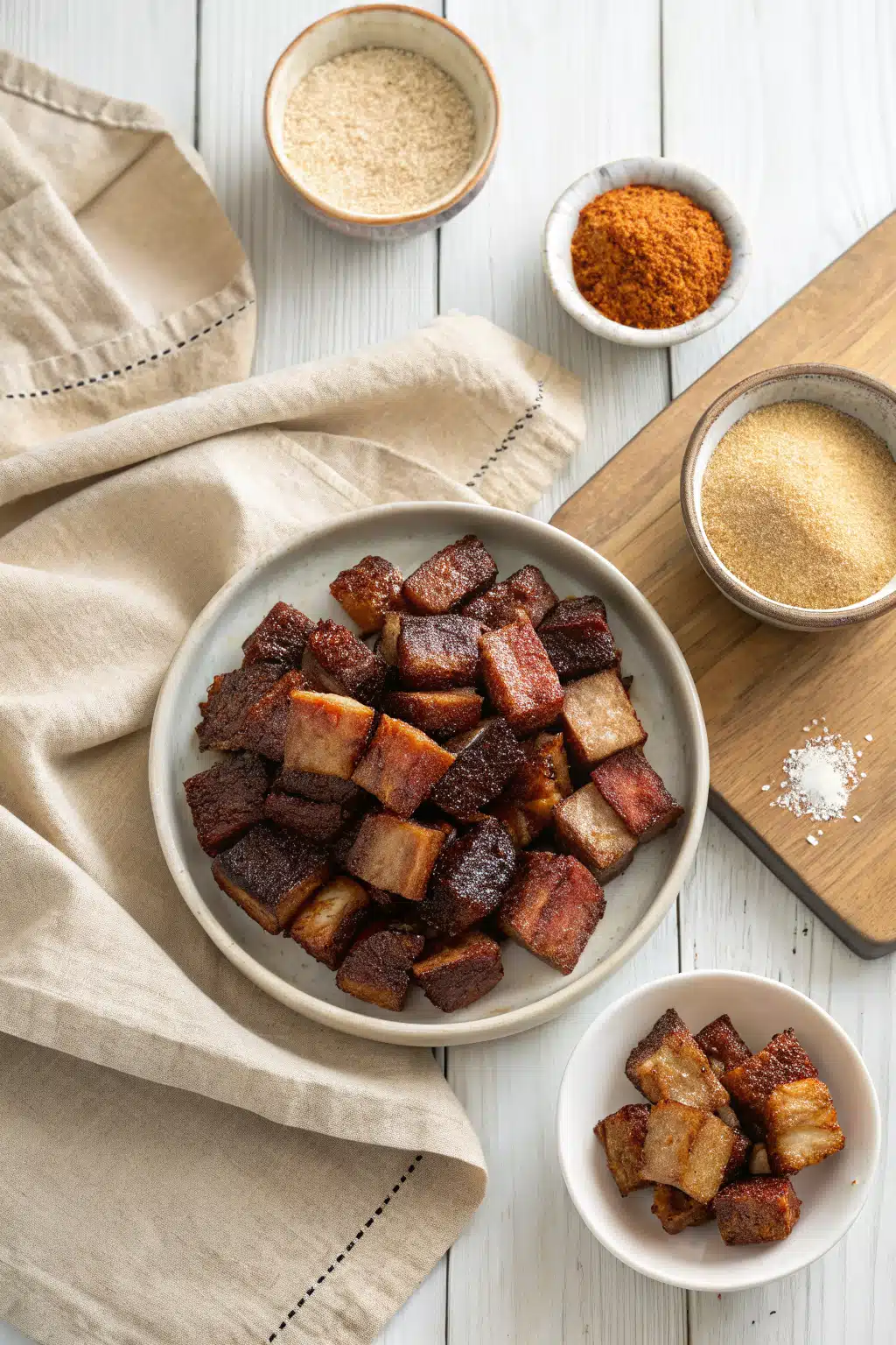 Pork Belly Burnt Ends beautifully presented from an overhead angle