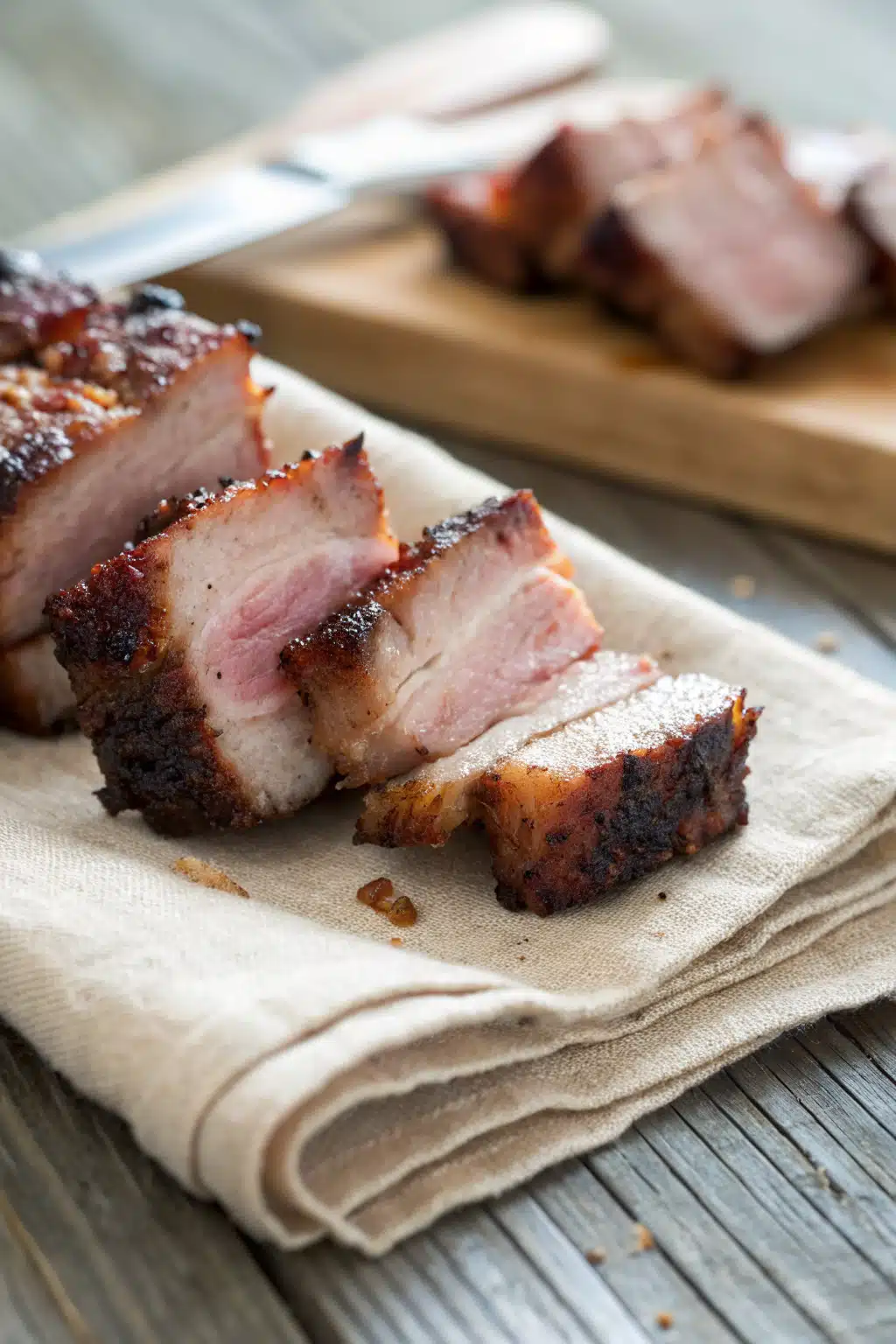 Pork Belly Burnt Ends slice on plate showing perfect texture and swirl pattern